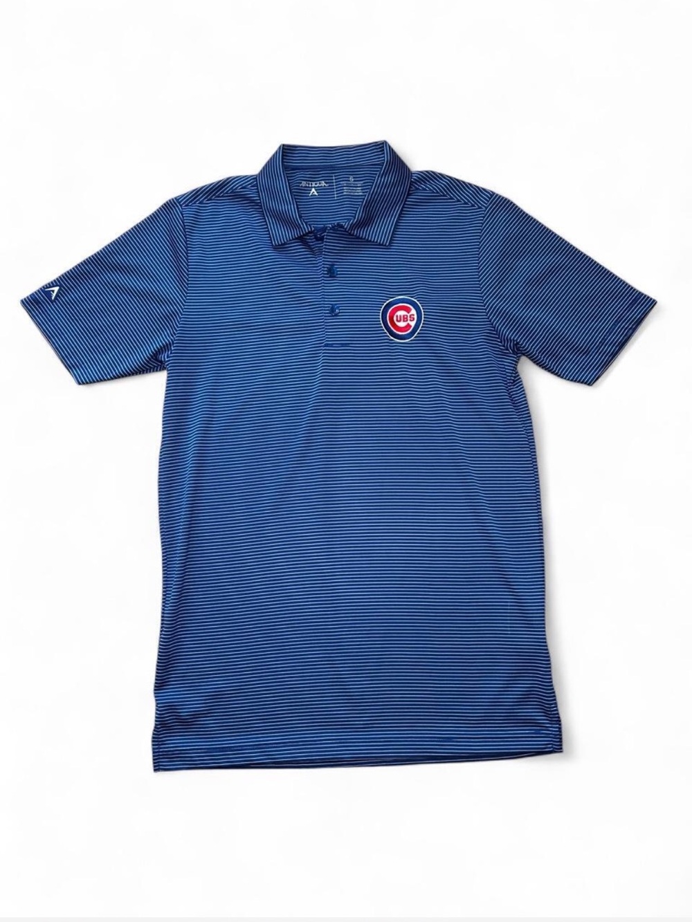 Chicago Cubs Collard Blue Striped Antigua Polo Shirt size Small - Like New